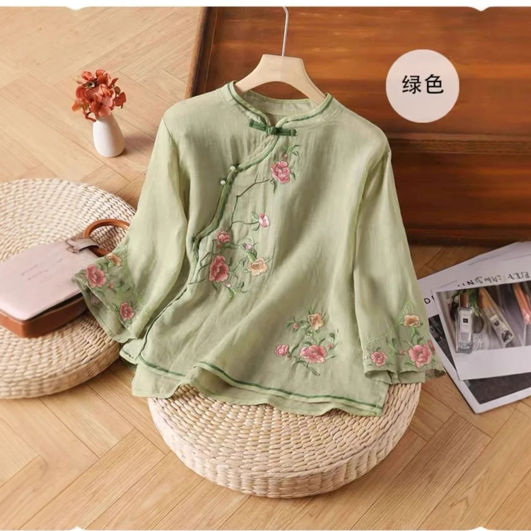 文艺复古斜襟盘扣茶服七分袖上衣民族风夏季棉麻衬衫女重工绣花