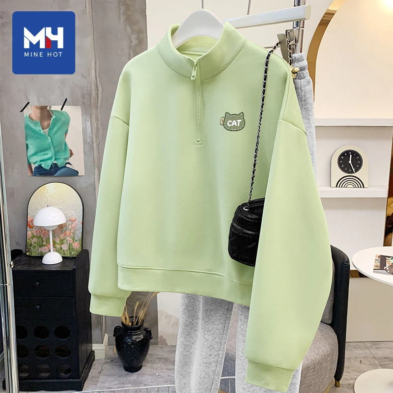 唐狮集团MH绿色卫衣女春秋2025新款polo领设计感半拉链短款外套H