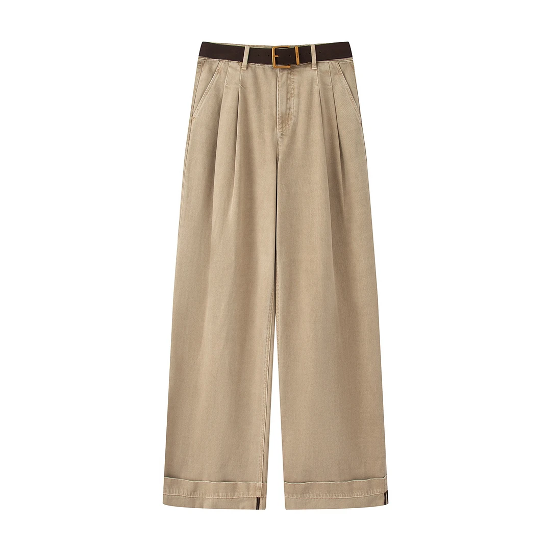 艾诺丝商场同款2025秋新款气质高腰卡其直筒阔腿牛仔裤女AR323028