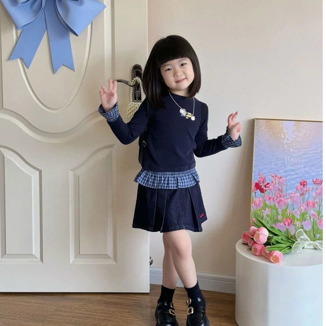 秋季新款儿童圆领格子拼接设计感气质T恤牛仔短裙套装