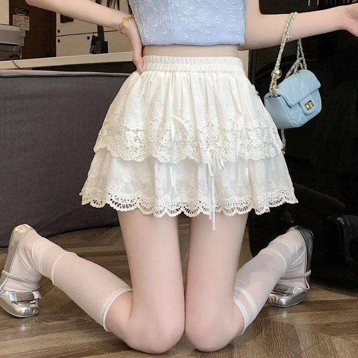 芭蕾风白色甜美蝴蝶结蕾丝蓬蓬蛋糕裙半身裙女夏季a字miu系短裙子