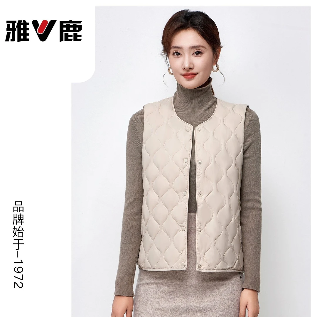 雅鹿正品羽绒马甲女洋气新中式内穿短款无领无袖冬季内搭外套圆领