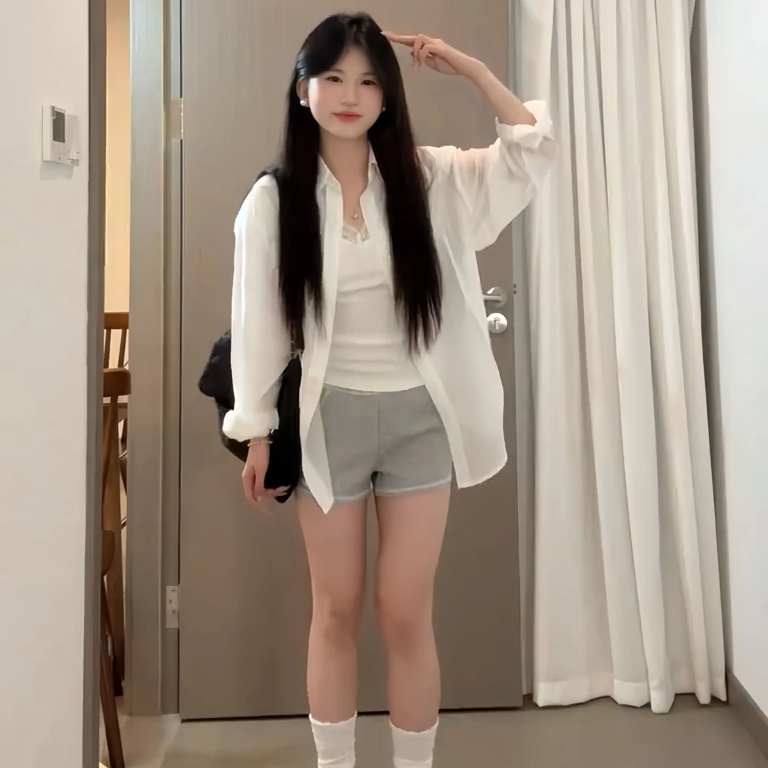 可爱风个性肌理感韩系宽松休闲衬衣夏季薄款长袖防晒上衣百搭衬衫