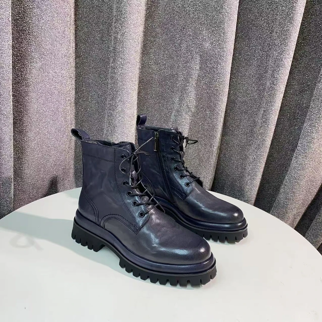 C1512 深蓝色  秋冬粗跟时尚女士圆头真皮短靴 复古马丁靴