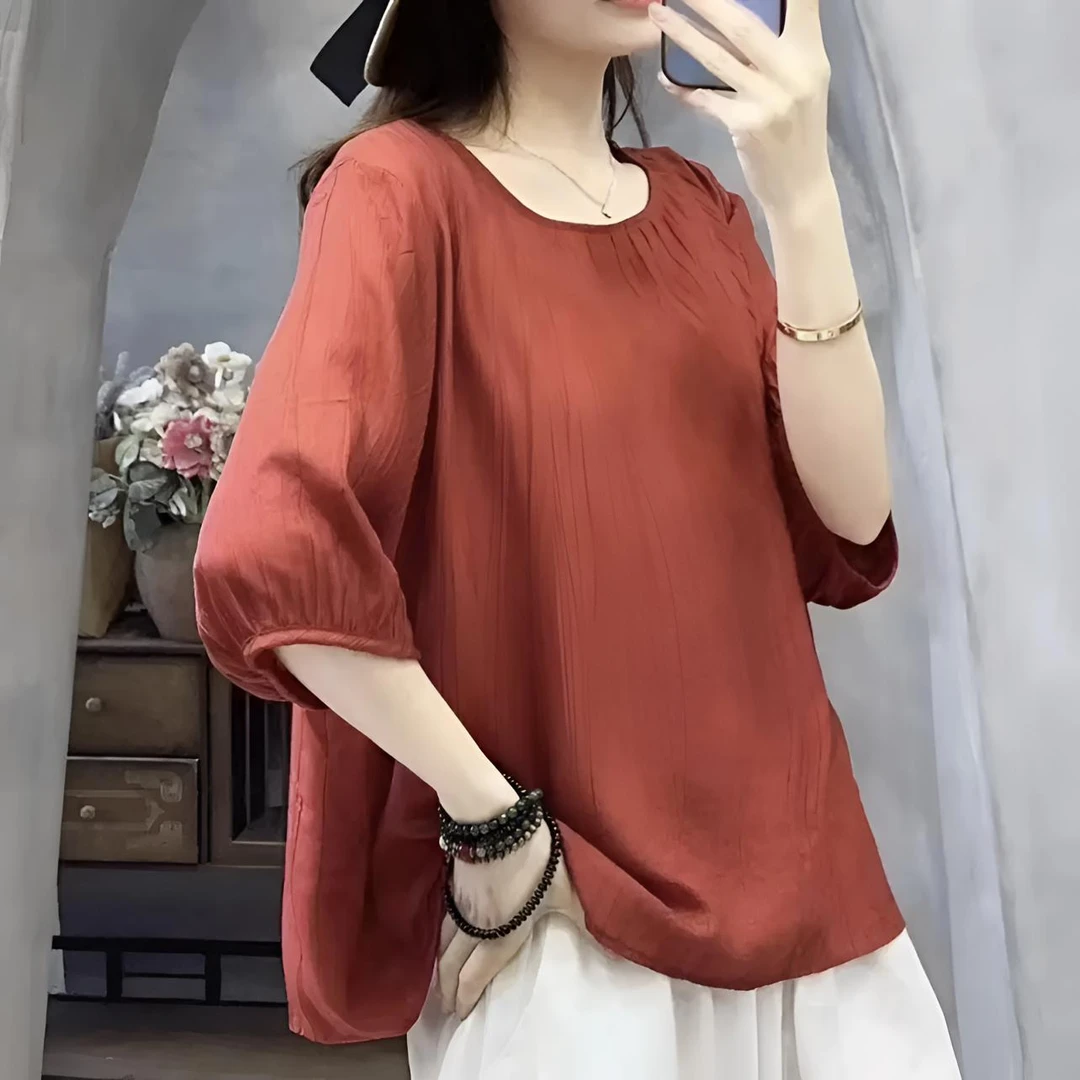 夏季宽松舒适纯色女士上衣T恤休闲显瘦百搭气质妈妈装短袖圆领