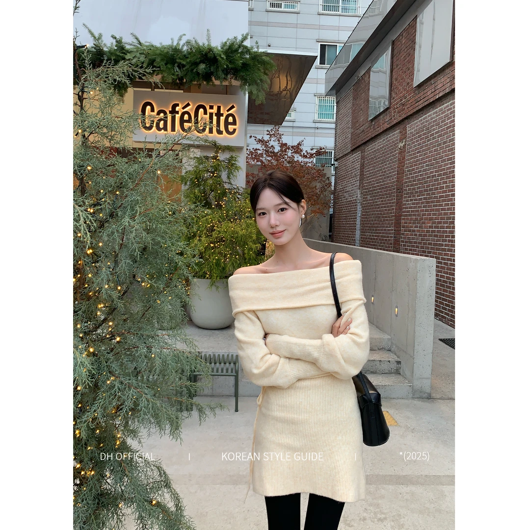 DH 大花的双旦【恋综女主】“绵羊毛”秋冬韩系慵懒一字肩毛织裙子