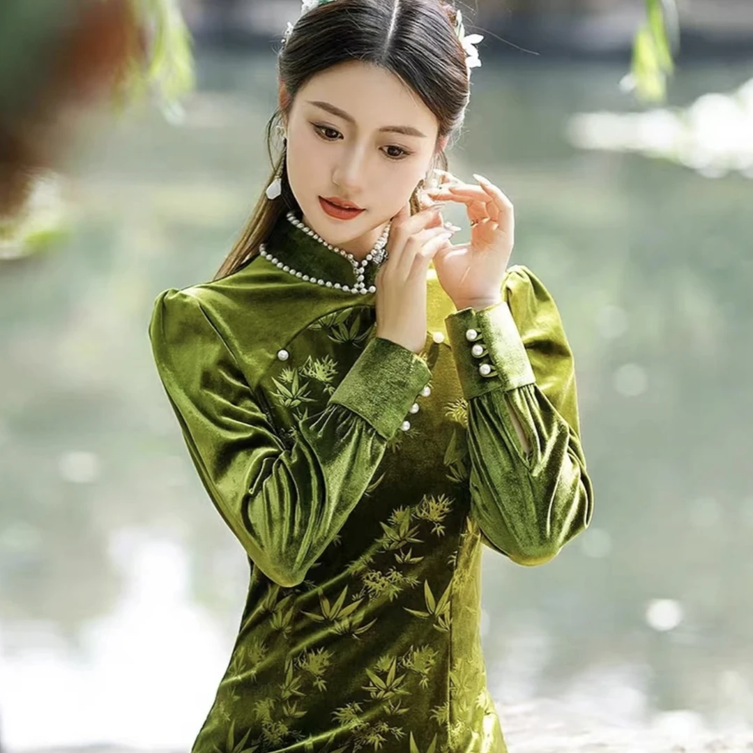 9229-绿竹中国风新中式改良旗袍温婉气质高级日常显瘦连衣裙礼服