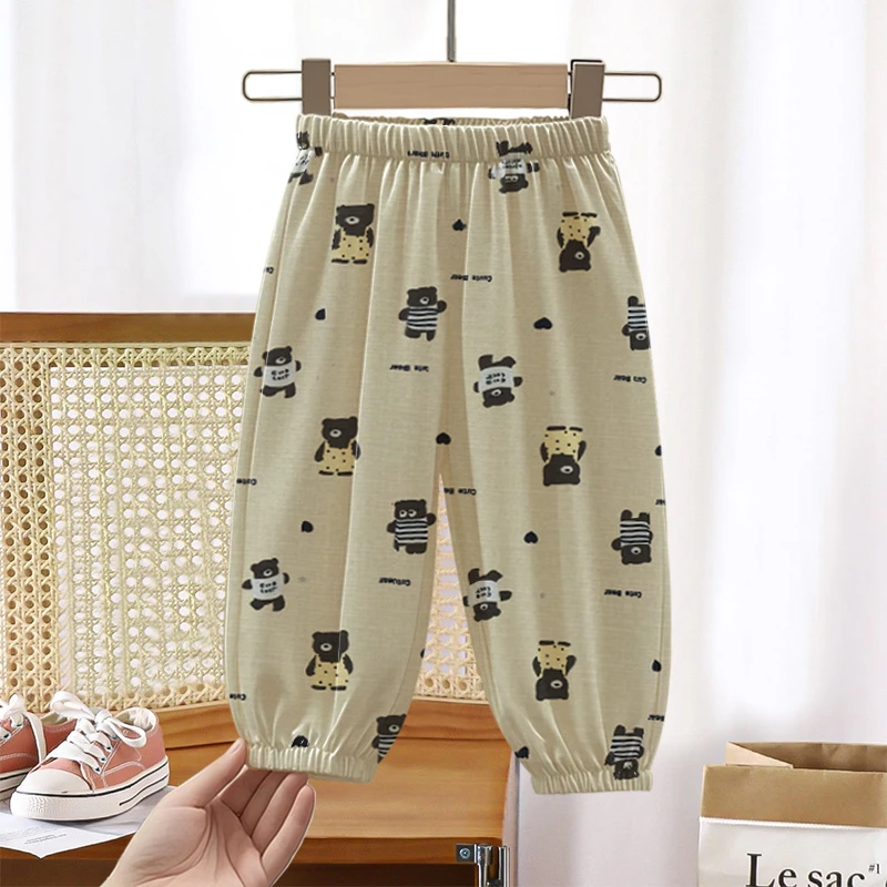 儿童裤子夏季装新款束脚裤儿童冰丝卡通薄款长裤女孩洋气防蚊裤