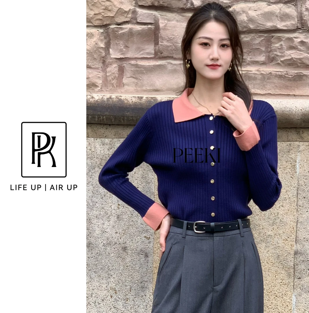 PEEKI/秋冬新款 撞色翻领 显瘦气质百搭针织开衫/8517