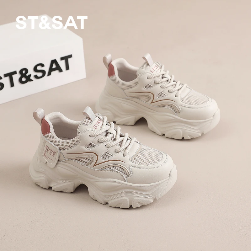 星期六网面透气老爹鞋女2025秋季新款厚底增高6CM百搭休闲运动鞋