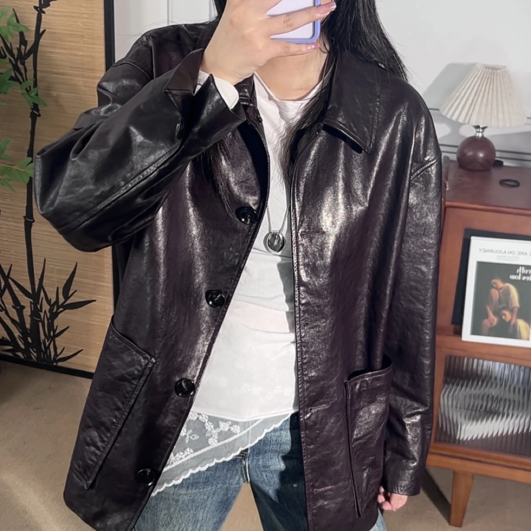 525油蜡绵羊皮翡翠风衣中长款休闲百搭时尚皮衣真皮