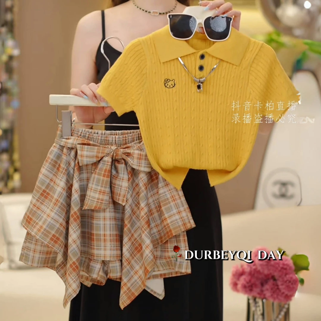 DURBEYQI/朵贝奇女童2025夏季新款百搭kt短袖格子裤裙套装5325