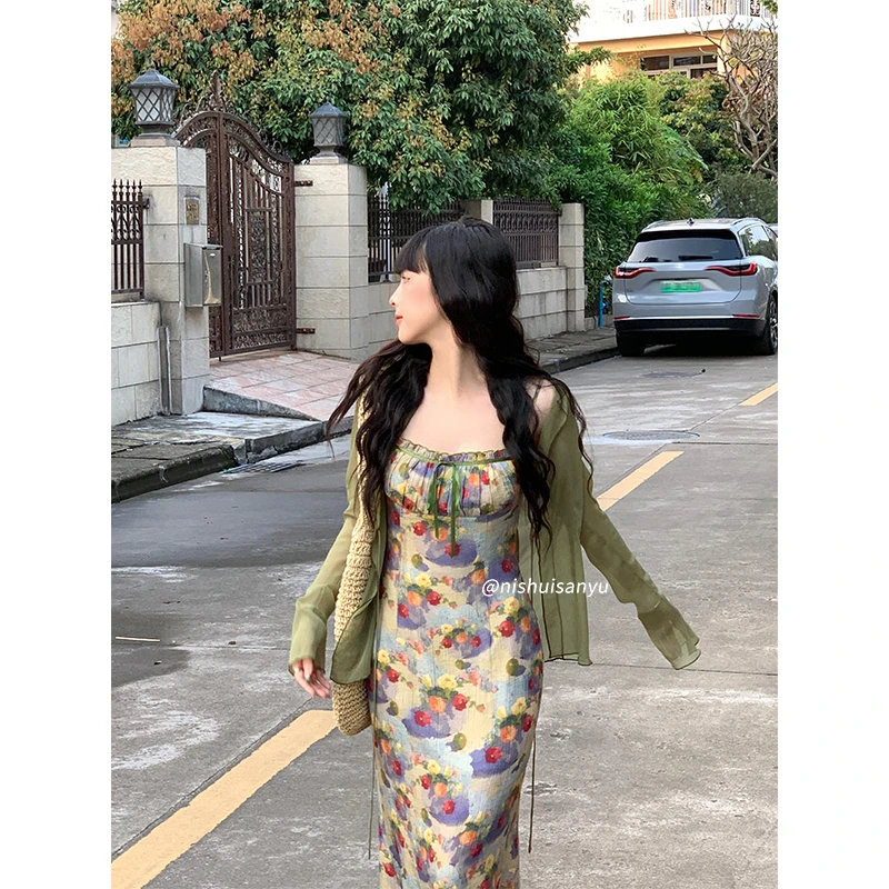 溺水三鱼【渡边知夏子】原创小众设计油画收腰氛围印花吊带连衣裙