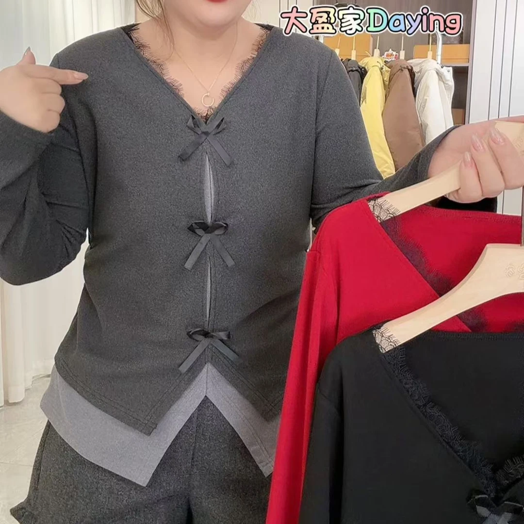 “Daying”3232双面暖绒假两件拼色蝴蝶结打底上衣