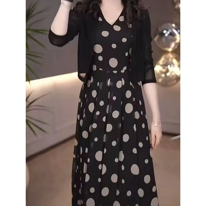 1313#外套+背心裙2025夏季新款气质黑色清新女神范波点连衣裙