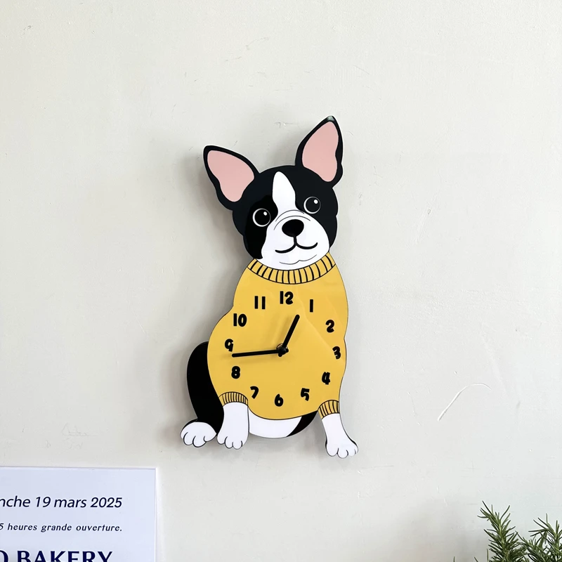 卡通创意黑色法斗狗狗装饰挂墙钟表客厅儿童房静音宠物挂钟时钟饰