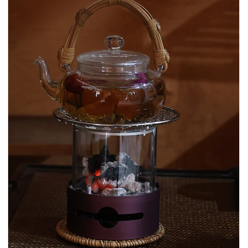 紫竹碳炉保护框+藤编提手玻璃圆形茶壶240ml+普通藤垫10CM