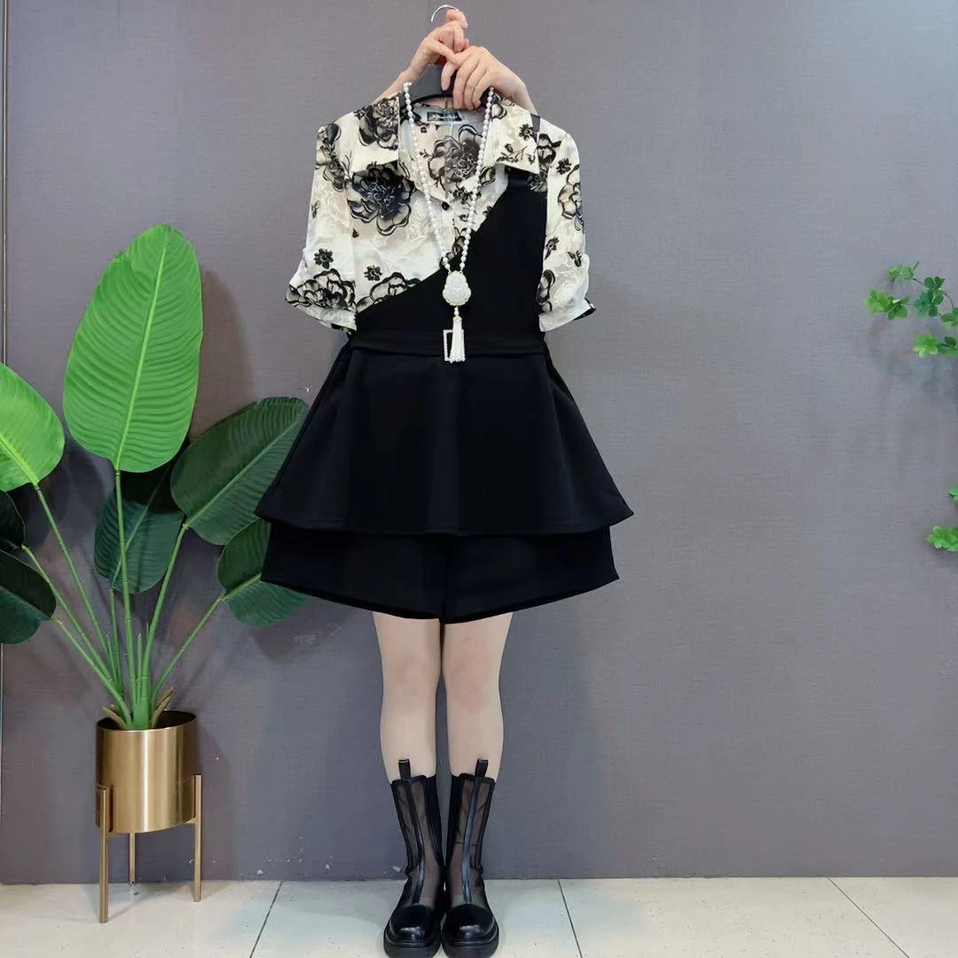 欧货胖妹妹夏季时尚女韩版洋气拼接撞色衬衫气质上衣阔腿短裤套装