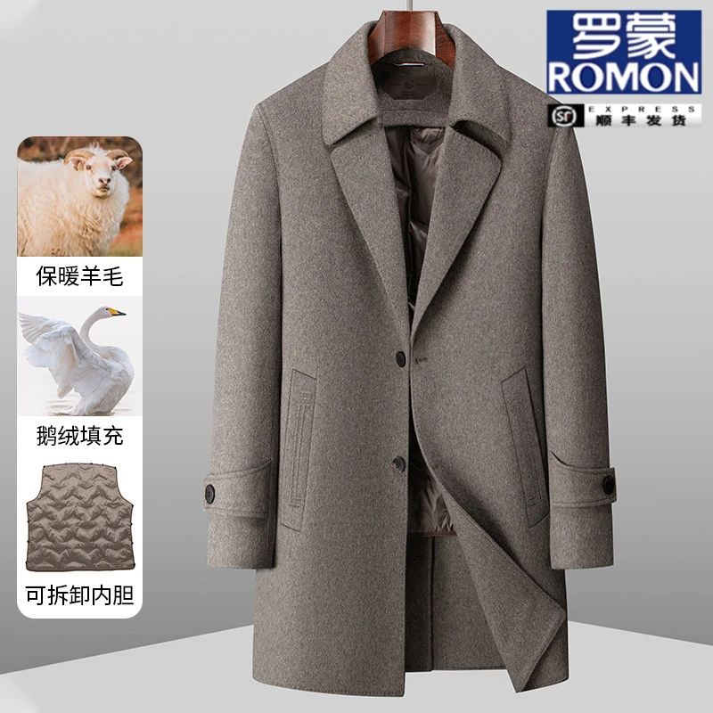 罗蒙【绵羊毛大衣+可脱卸鹅绒内胆】男士呢子大衣冬季时尚保暖外套