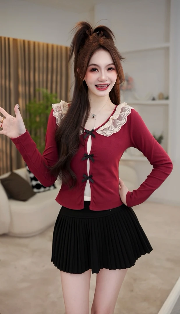 韩系甜辣纯欲早秋季蕾丝内设计感显瘦小众独特别致长袖上衣洋气