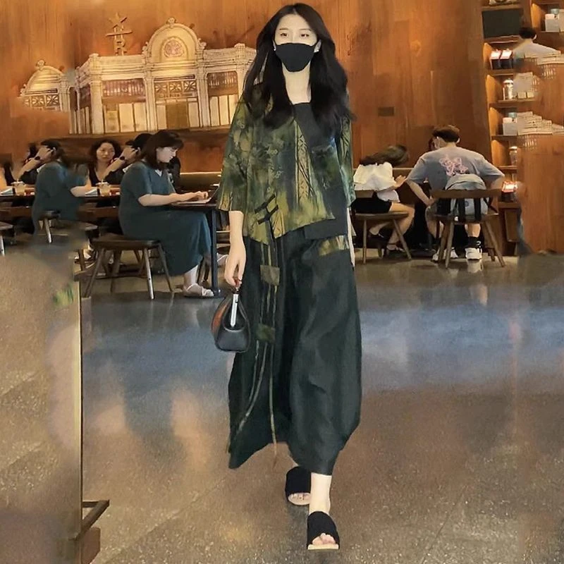 复古中国风真丝香云纱两件套装2024夏季新款印花桑蚕丝水墨印花裙
