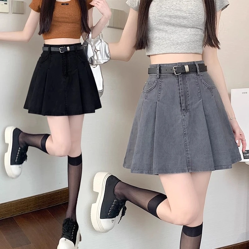 新款韩版夏季薄款小个子高腰显瘦百褶大码百搭牛仔A字半身裙短裙