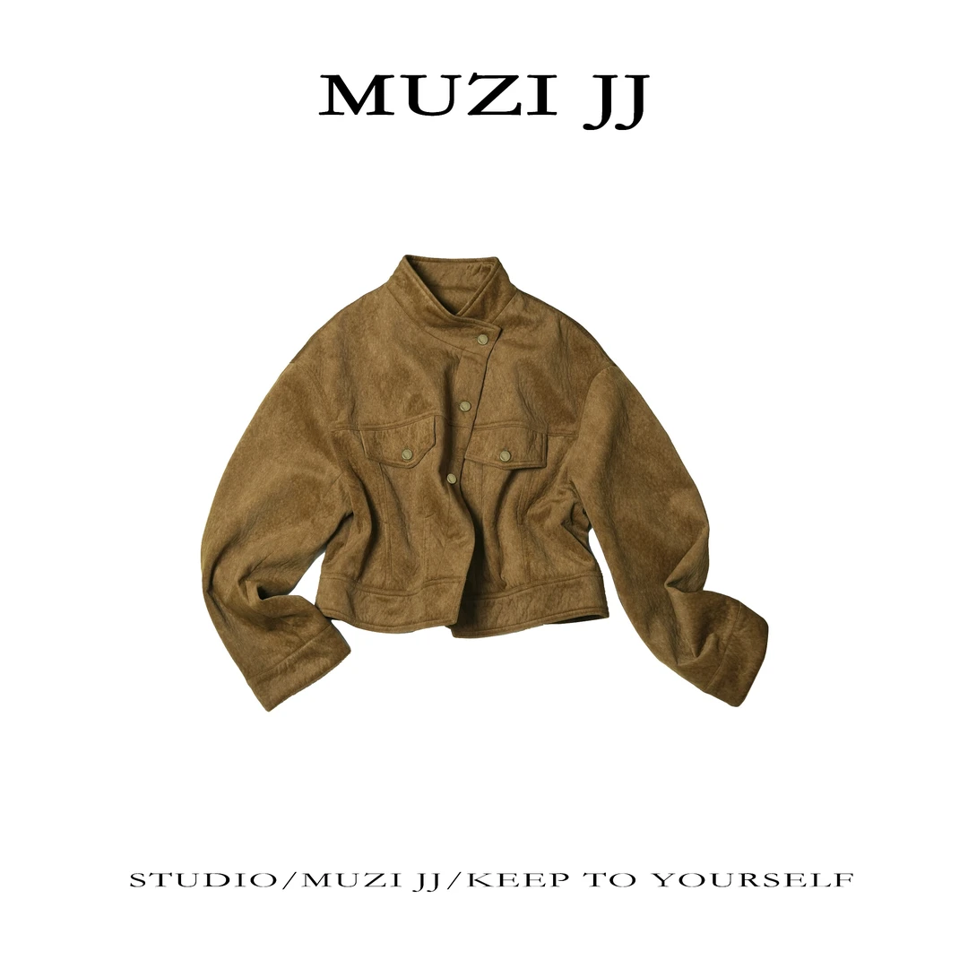 MUZI-310285#美式气质复古绒面肌理感立领夹克外套