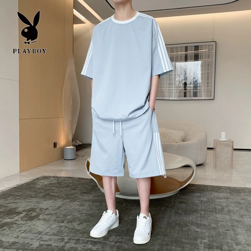 花花公子冰丝圆领T恤短裤套装男夏季时尚宽松短袖休闲运动两件套