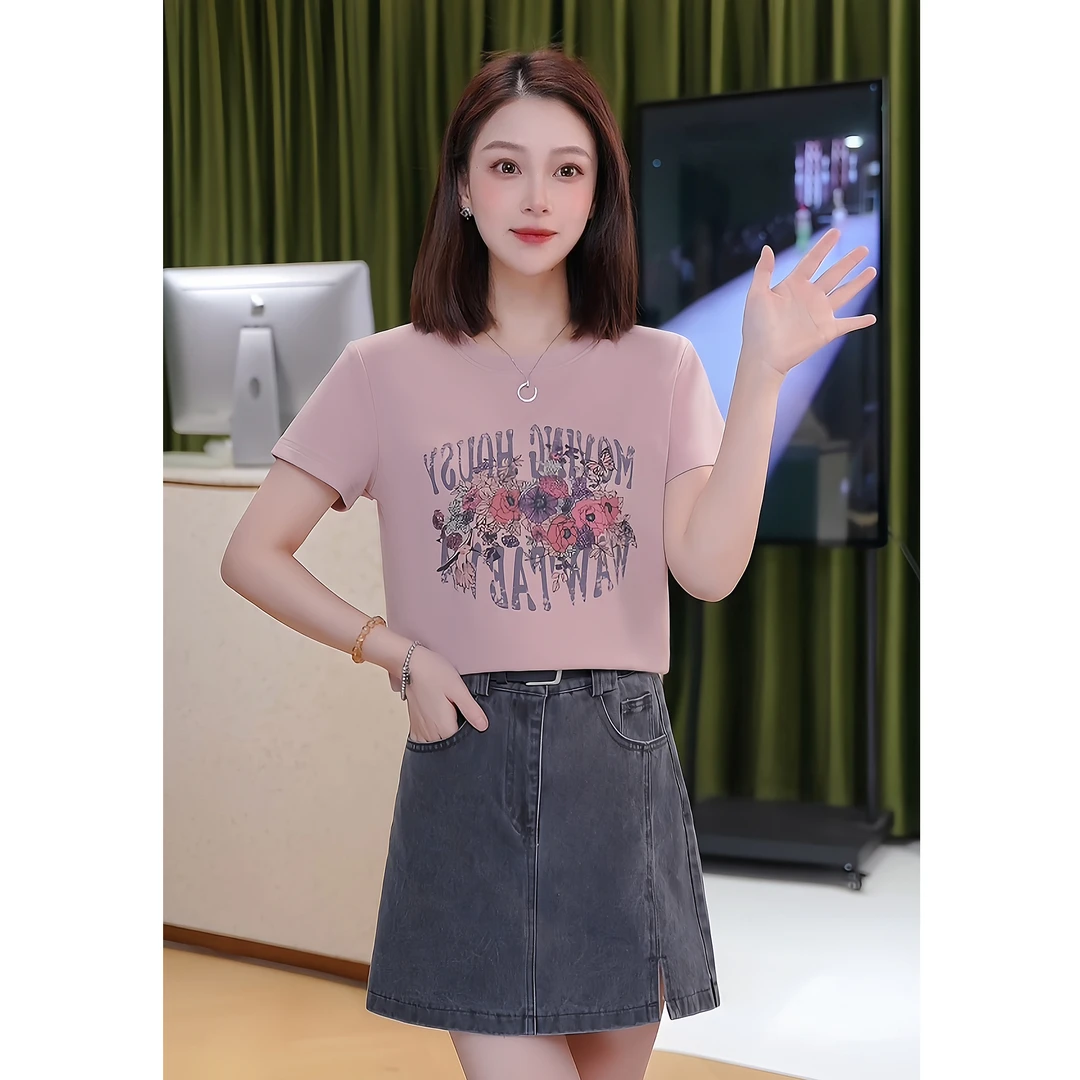 艾格2025年新款花朵字母气质短袖T恤时尚休闲百搭春夏季修身