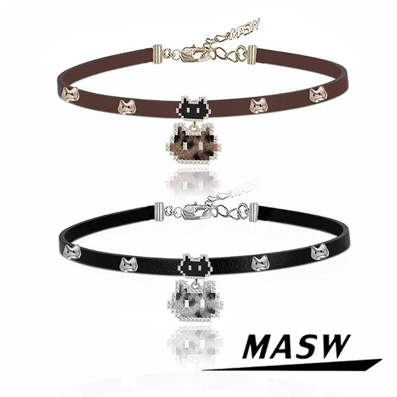 masw/麻秀 铜合金项链 皮革像素卡通小猫项链choker锁骨链M3720