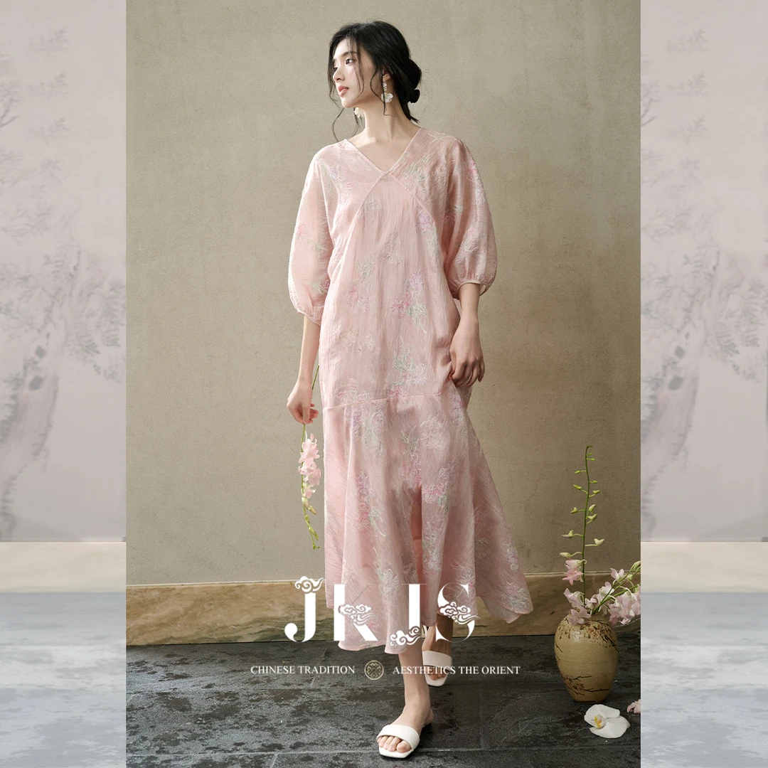 JKJS【兰苕春】天丝亚麻绣花夏季新中式短袖连衣裙V领气质长裙