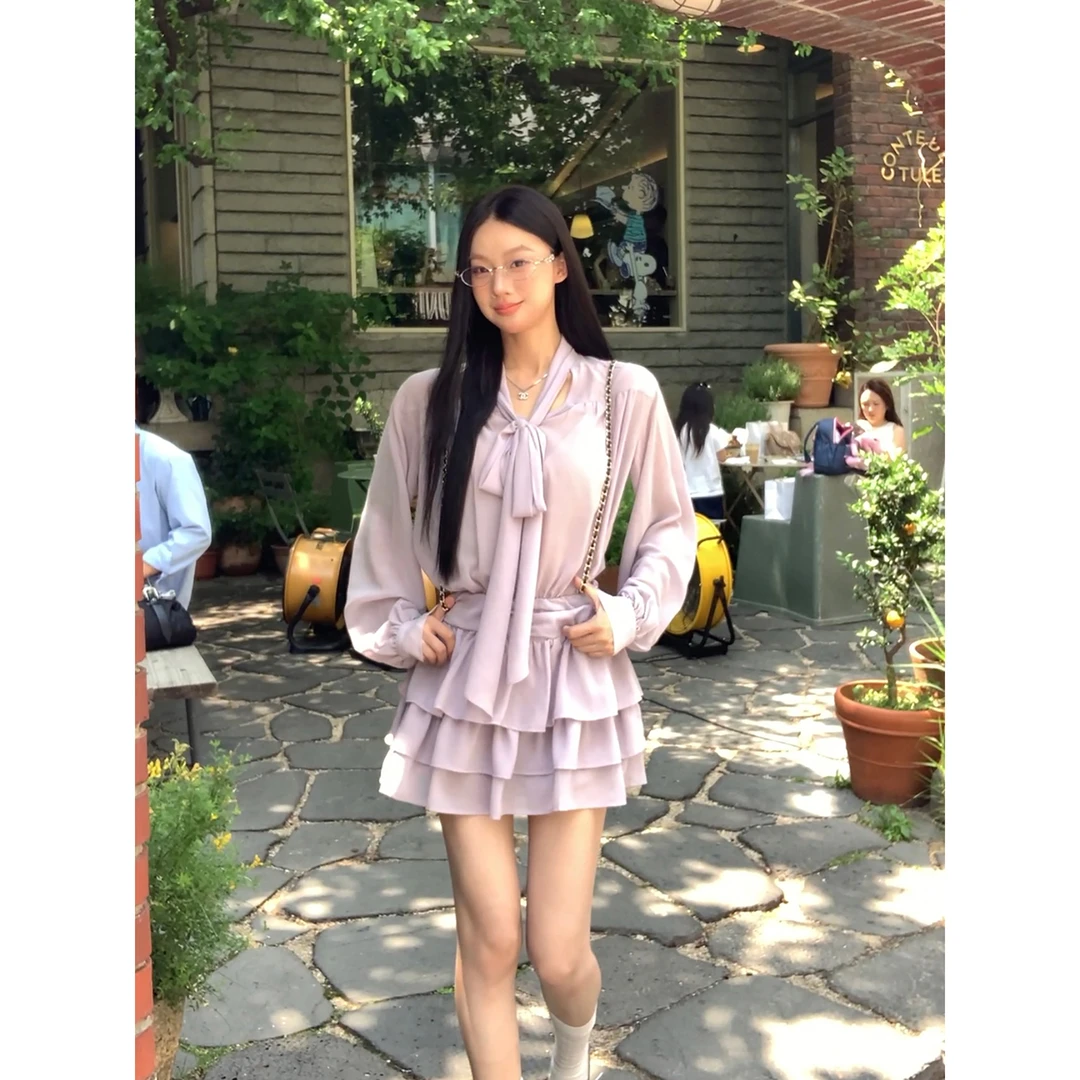 【薰衣草连衣裙】秋季韩系气质温柔法式蝴蝶结连衣裙253N2480