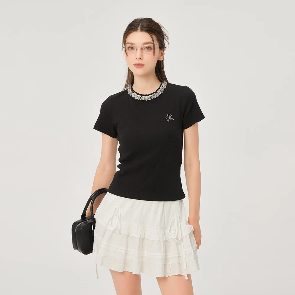 ikyou领口镶钻针织短袖t恤女夏季新款设计感小众修身显瘦气质上衣