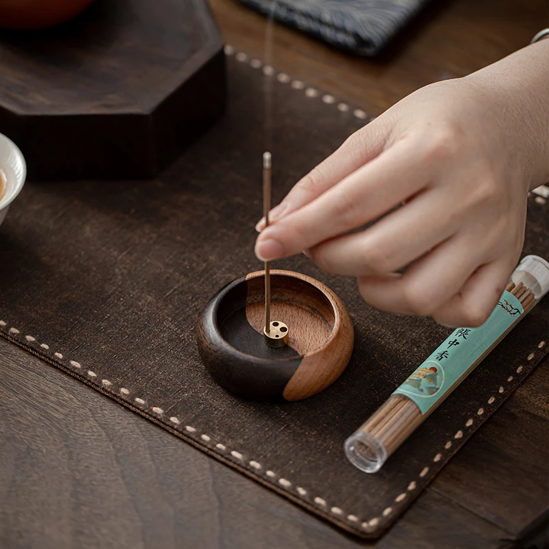 实木太极香插线香底座家用室内沉香檀旅行双色香炉家居多孔熏香托