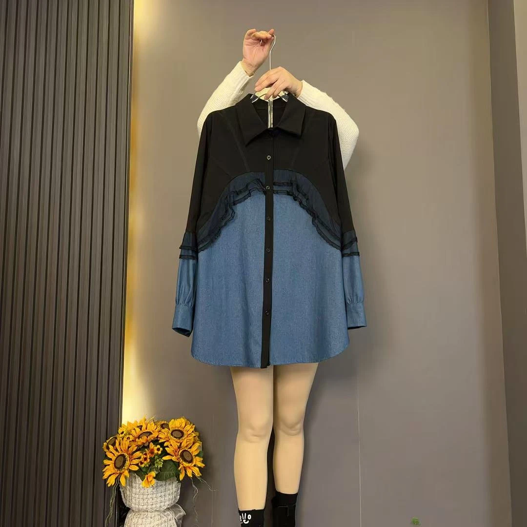 2476秋冬新款欧货时尚显瘦牛仔拼接衬衫大码女装百搭（衣长80）