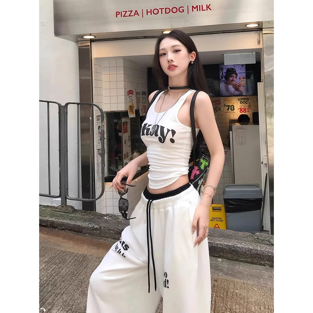 美式甜辣妹运动休闲套装女夏季时尚显瘦修身无袖背心阔腿裤两件套