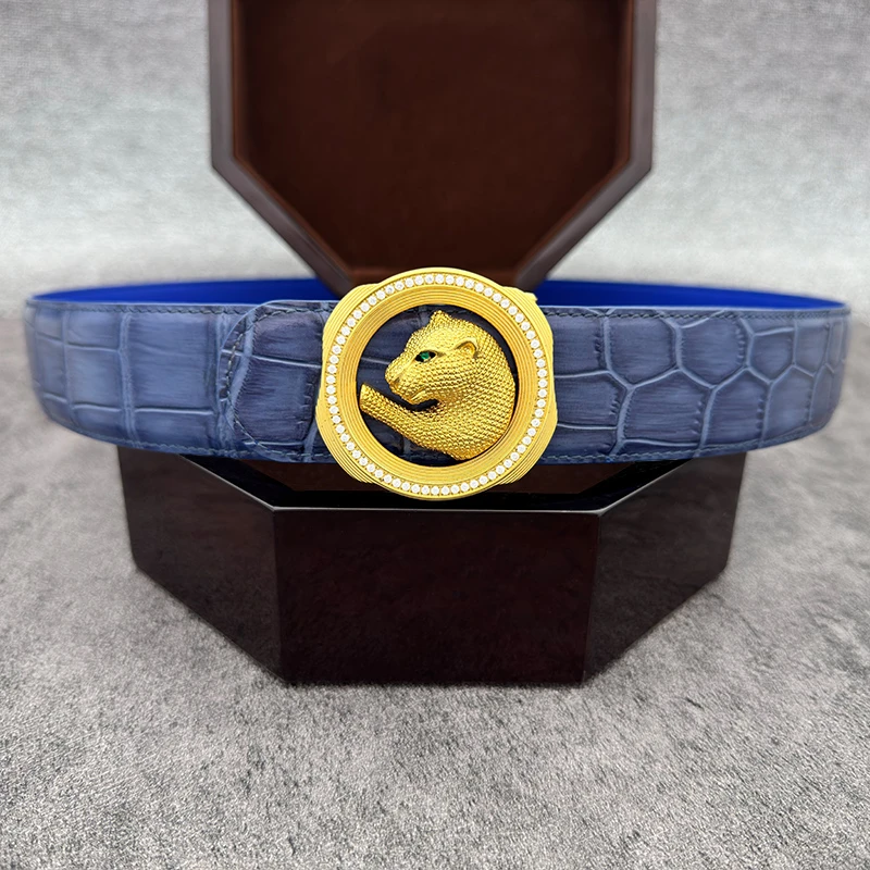 新款2025男士高端时尚腰带豹头镶钻男款鳄鱼纹真牛皮休闲男士皮带