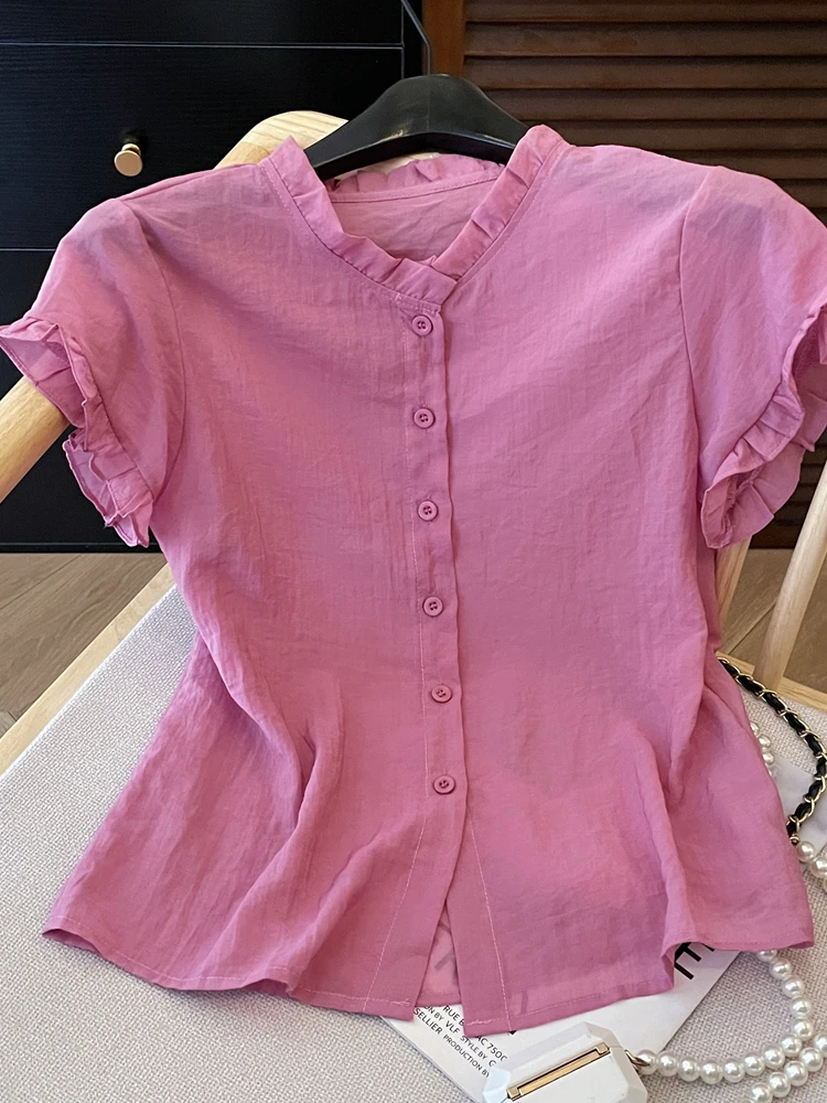 独特安可拉红通勤休闲短袖衬衫2025年夏季新款洋气小衫时尚上衣女