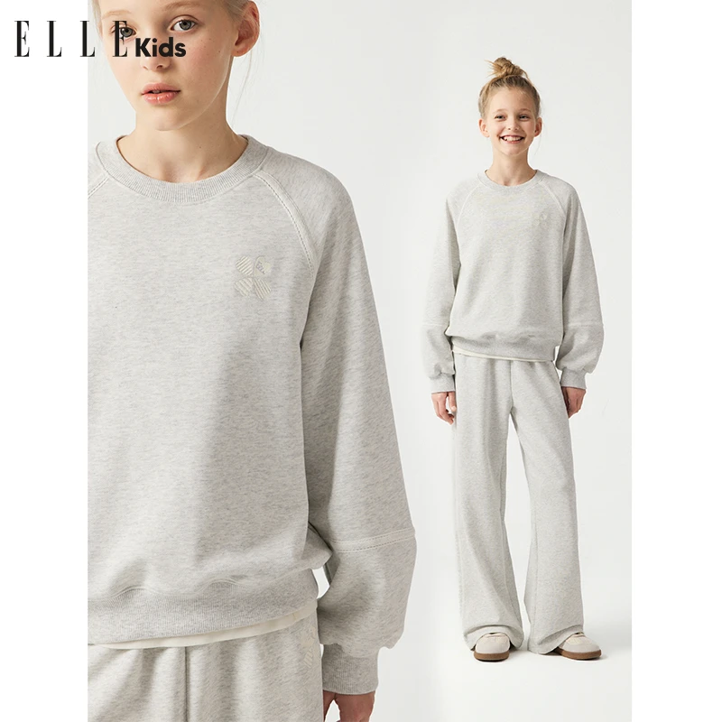 ELLE KIDS休闲刺绣蕾丝花边套头长袖卫衣+蕾丝花边直筒长裤C2