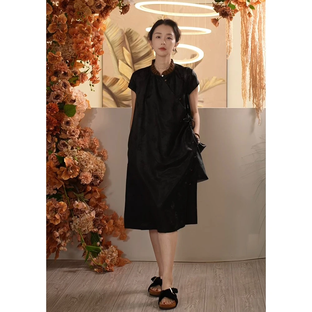 Y【叭哒不惑】柳筝 桑蚕丝香云纱花边领宽松连衣裙女高端精致裙子