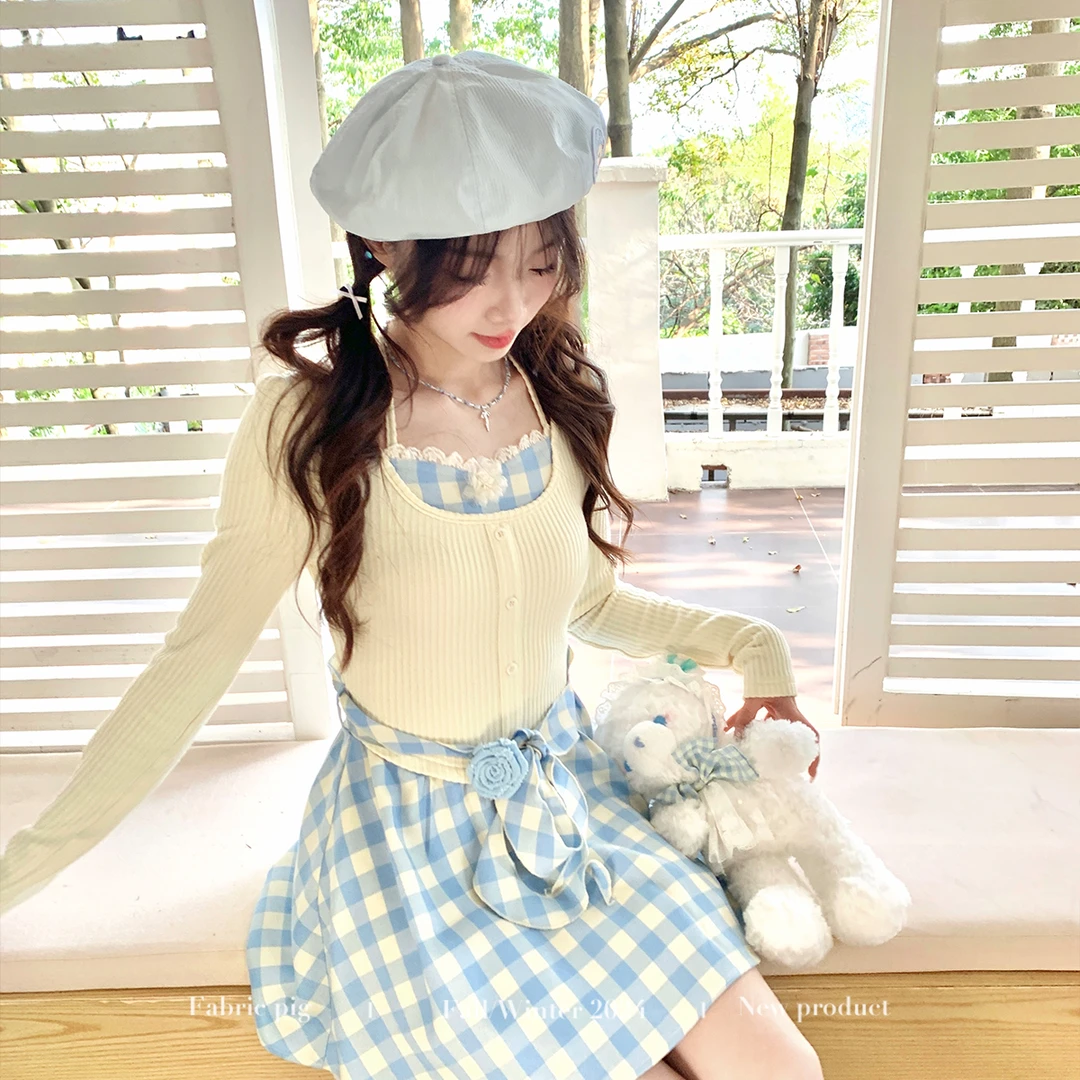 茉莉花茶 织物猪原创 盐系少女显瘦格纹撞色挂脖收腰显瘦连衣裙