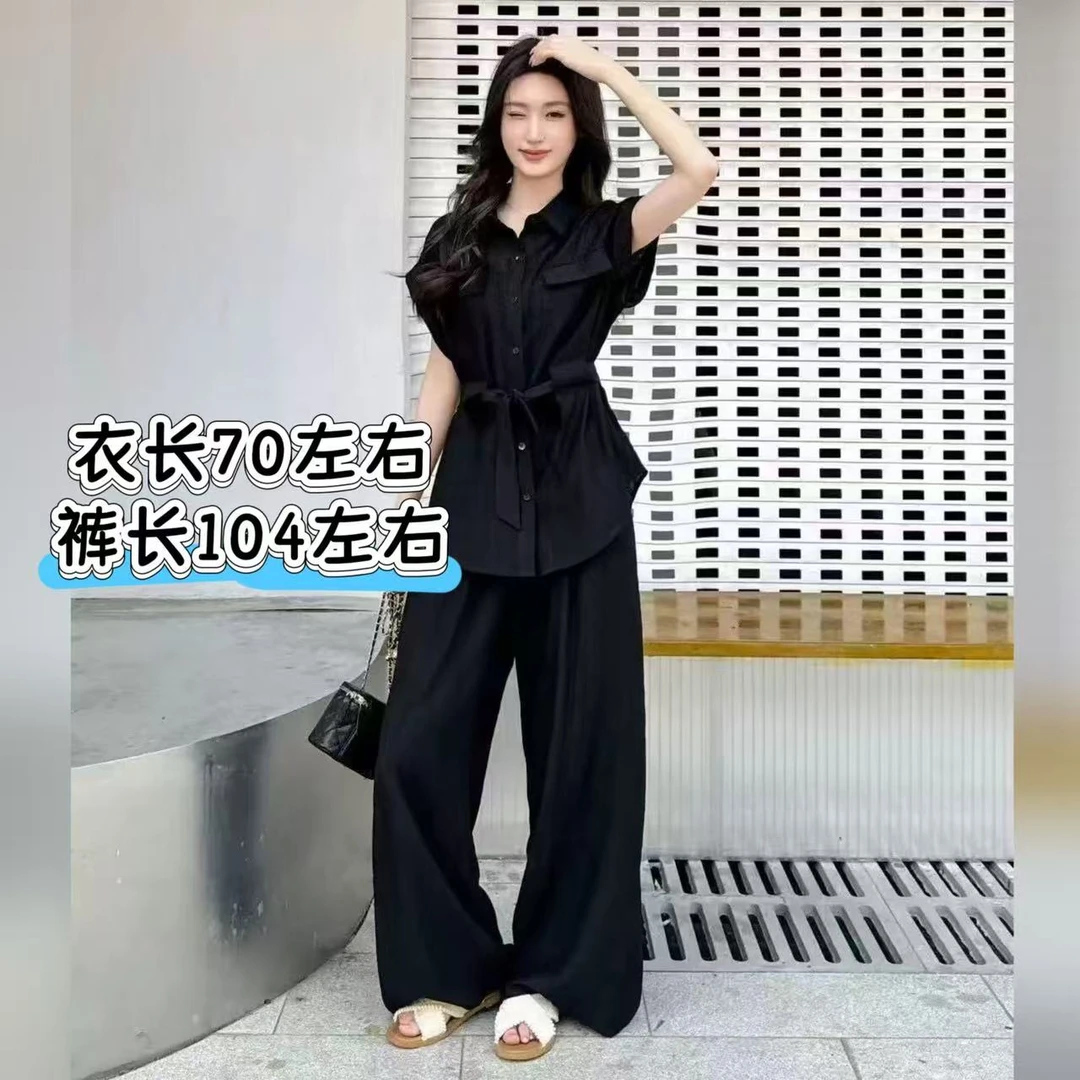 凤儿家-11885 法式气质设计感衬衫上衣+阔腿裤两件套（带腰带）