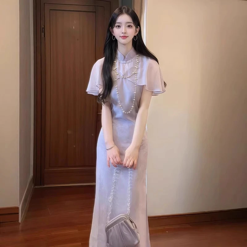 C276新中式女装紫色中国风连衣裙新款大码胖mm改良旗袍掐腰长裙子