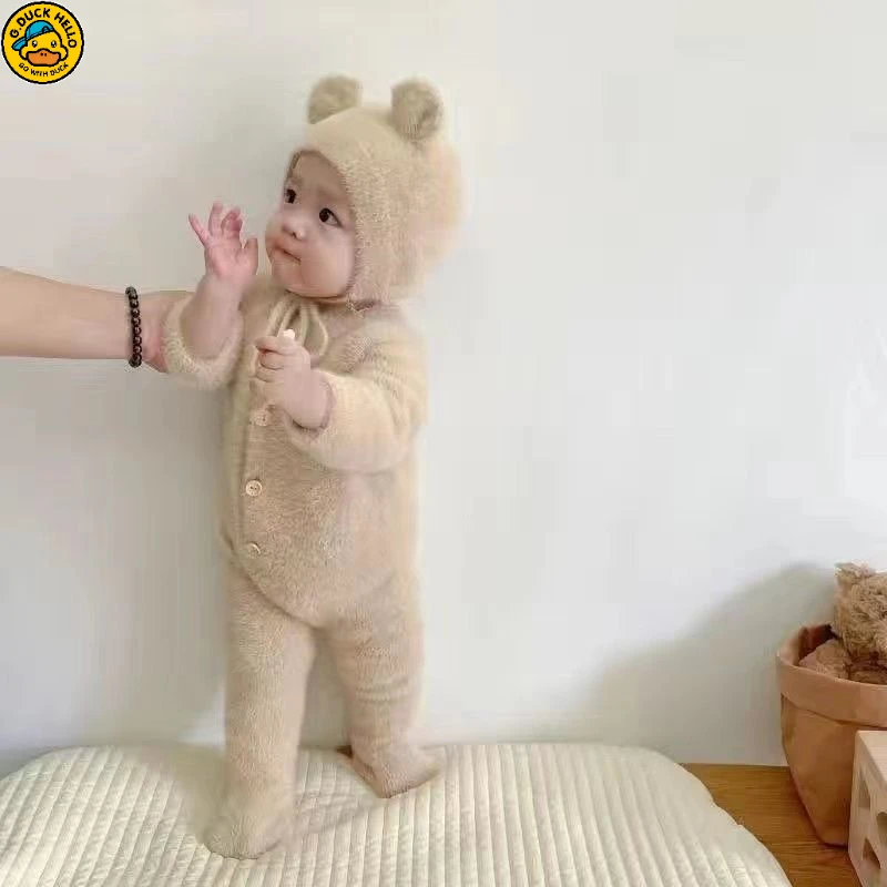 小黄鸭【断码】超萌网红婴儿秋冬款套装毛绒连体儿童秋装小熊爬服超