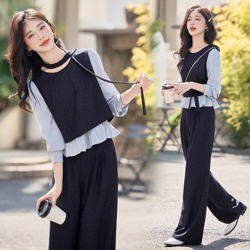 时尚套装显瘦气质女装2025秋季爆款洋气遮肚子拼接阔腿裤子两件套