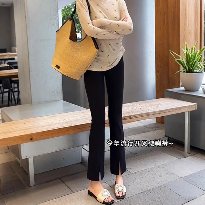 宝藏裤型~开叉微喇休闲裤女夏季薄款大码高腰遮胯显瘦弹力九分裤