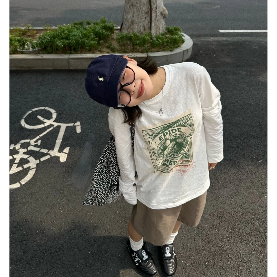 Our2【邮章竹节T】圆领宽松型休闲印花长袖T恤【X5652】