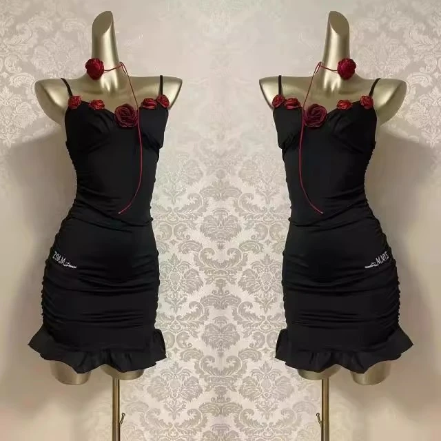 CL酒心玫瑰点缀氛围感拉丁舞服连衣裙送颈带玫瑰又辣又sexy送底裤