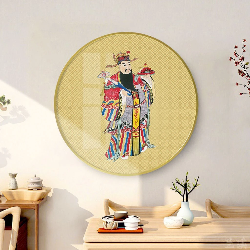 财神爷挂画客厅文武财神壁画像高档玄关圆形晶瓷装饰画餐厅背景墙