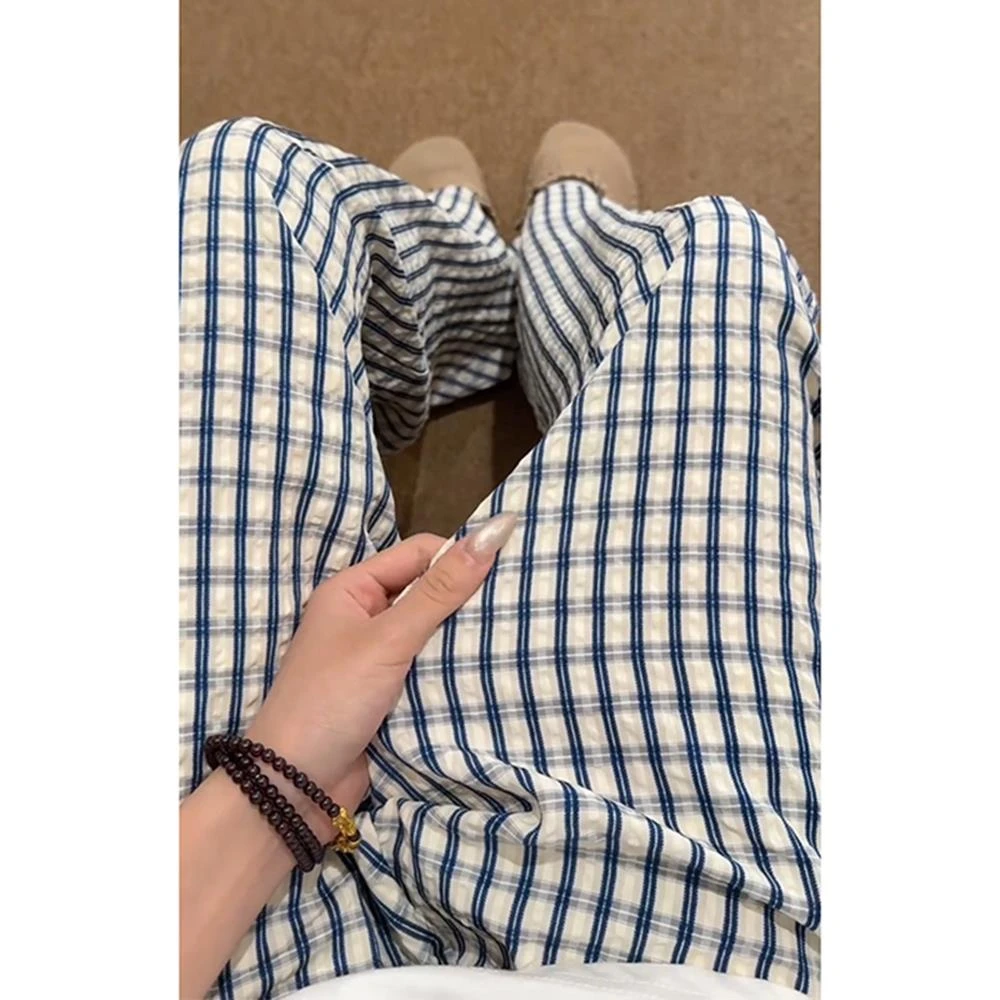 蓝色泡泡纱格子裤子男女款夏季慵懒风松弛感穿搭阔腿裤情侣遛弯裤